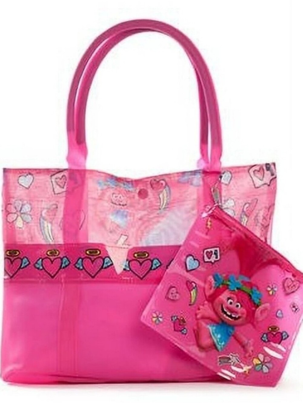 Trolls  Poppy Tote Bag with Matching Wet Bag Zipper Pouch. Pink. Pvc Wipe Clean.